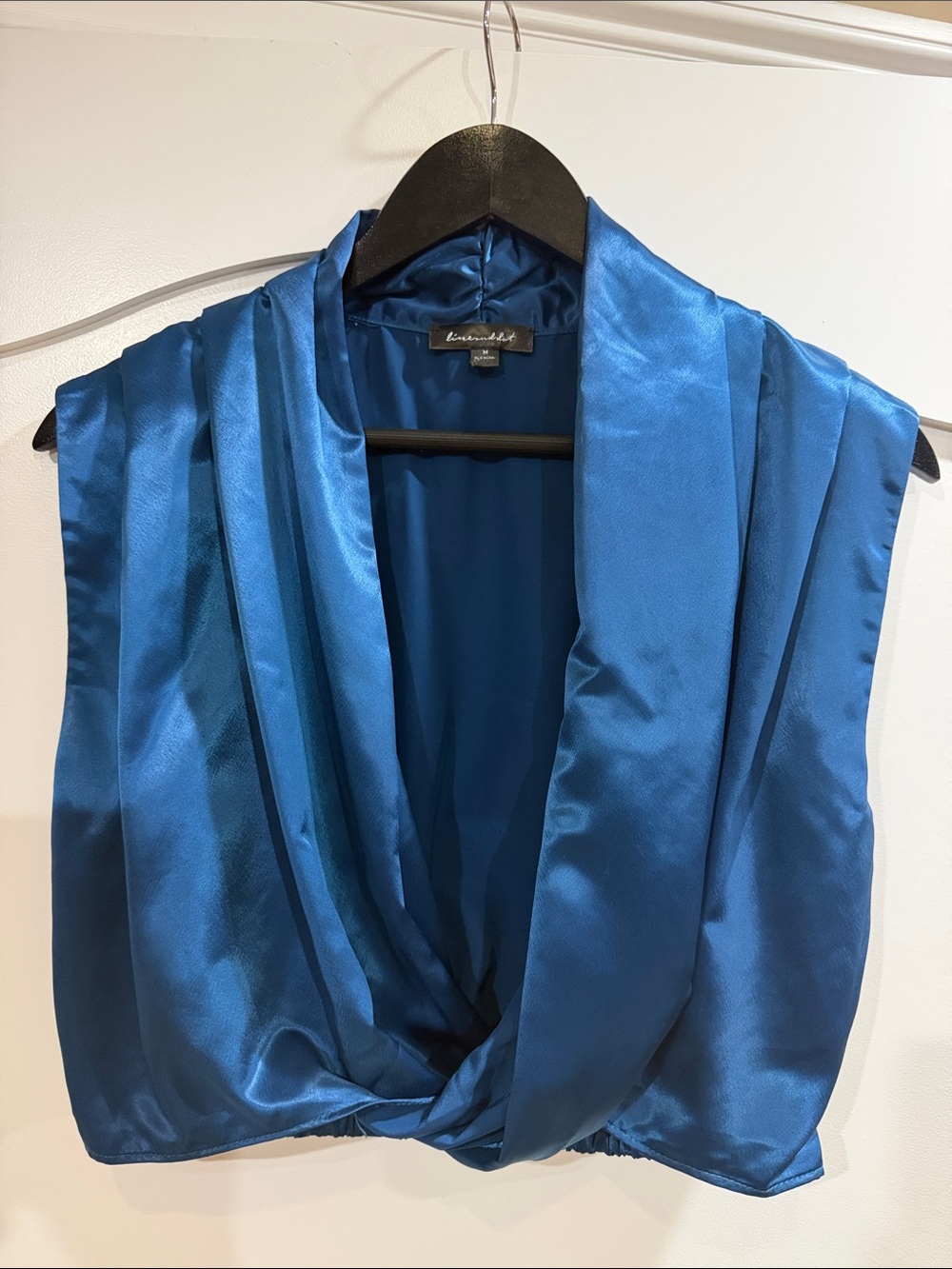 Line & Dot Sapphire Blue Satin Draped Crop Top